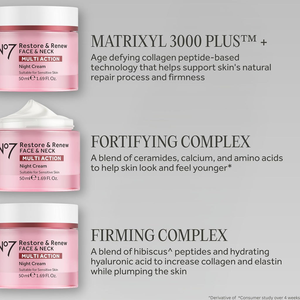 No7 Restore & Renew Multi Action Night Cream for Face & Neck – 1.69 oz
