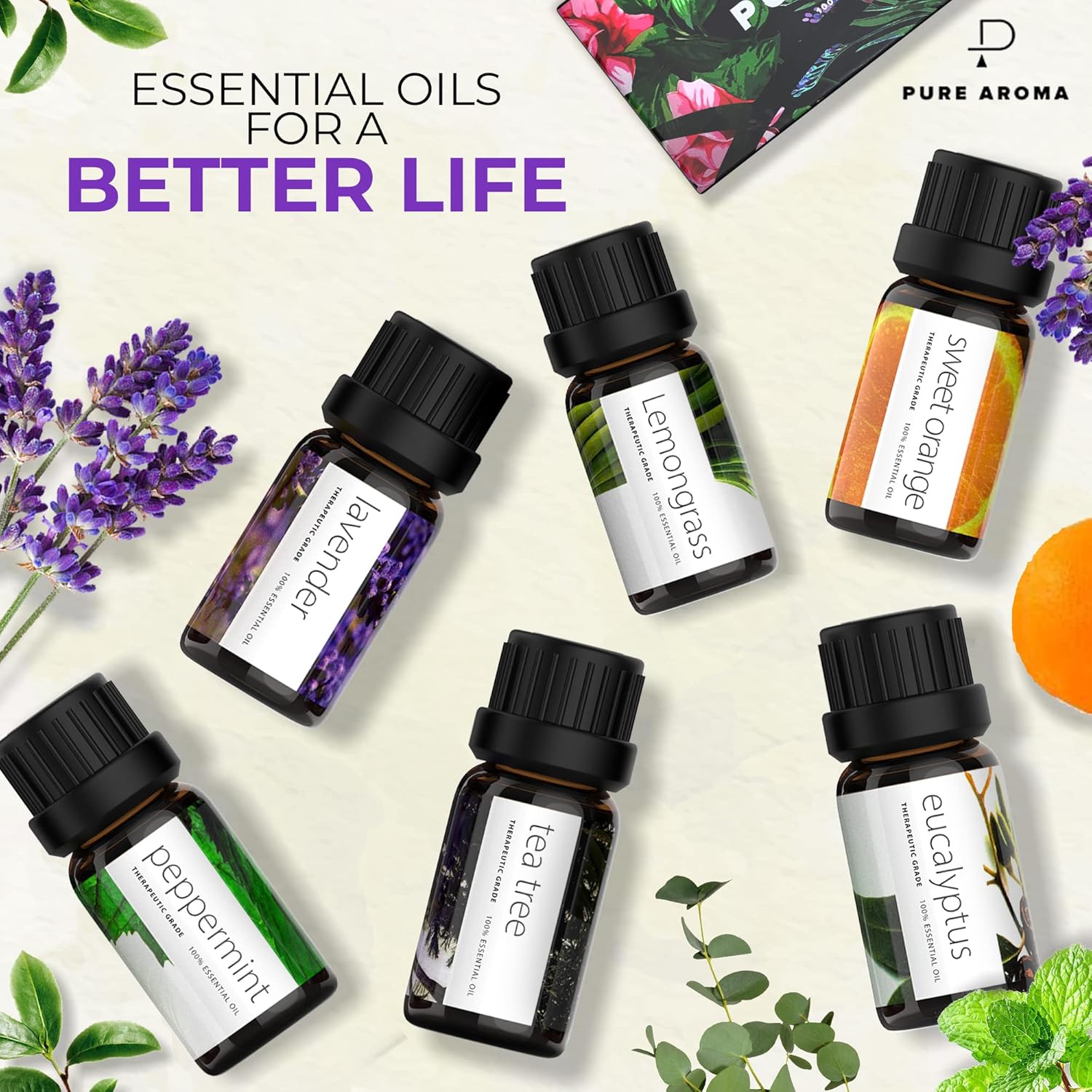 Pure Aroma Essential Oils Set – 6 Pack (10 ml Each)