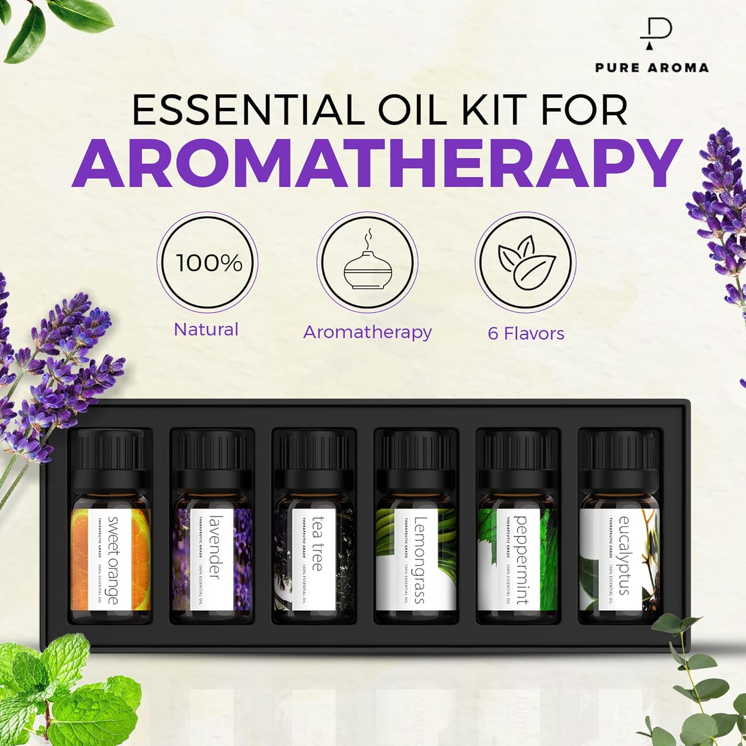Pure Aroma Essential Oils Set – 6 Pack (10 ml Each)